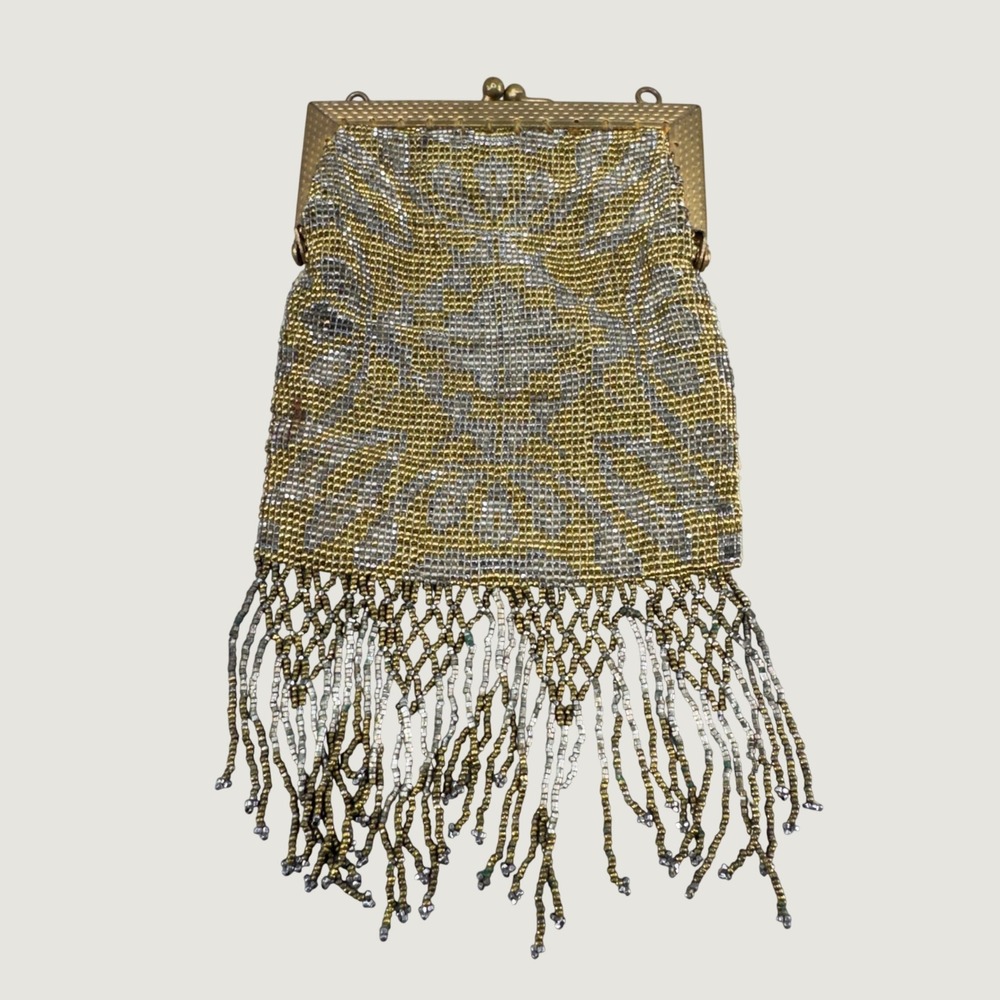 Vintage Made in France Beaded Purse Gold Silver Fringe Art Deco Evening Bag